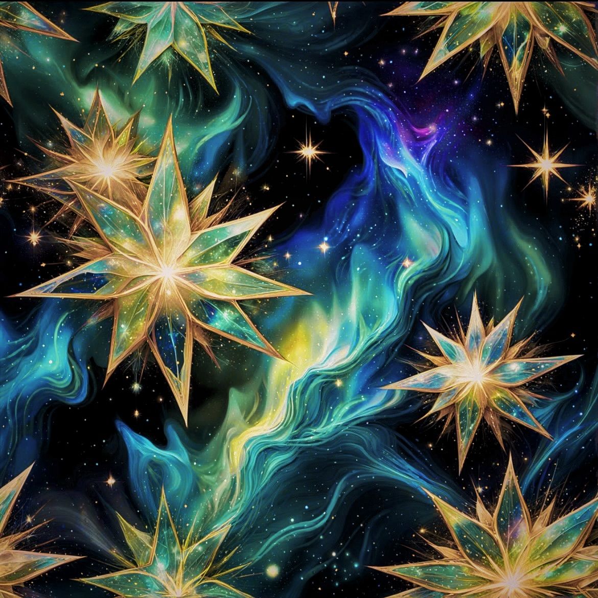 …enhanced : Blue green gold crystal stars, 3d fractals, galaxy constellation Milky Way aurora borealis,