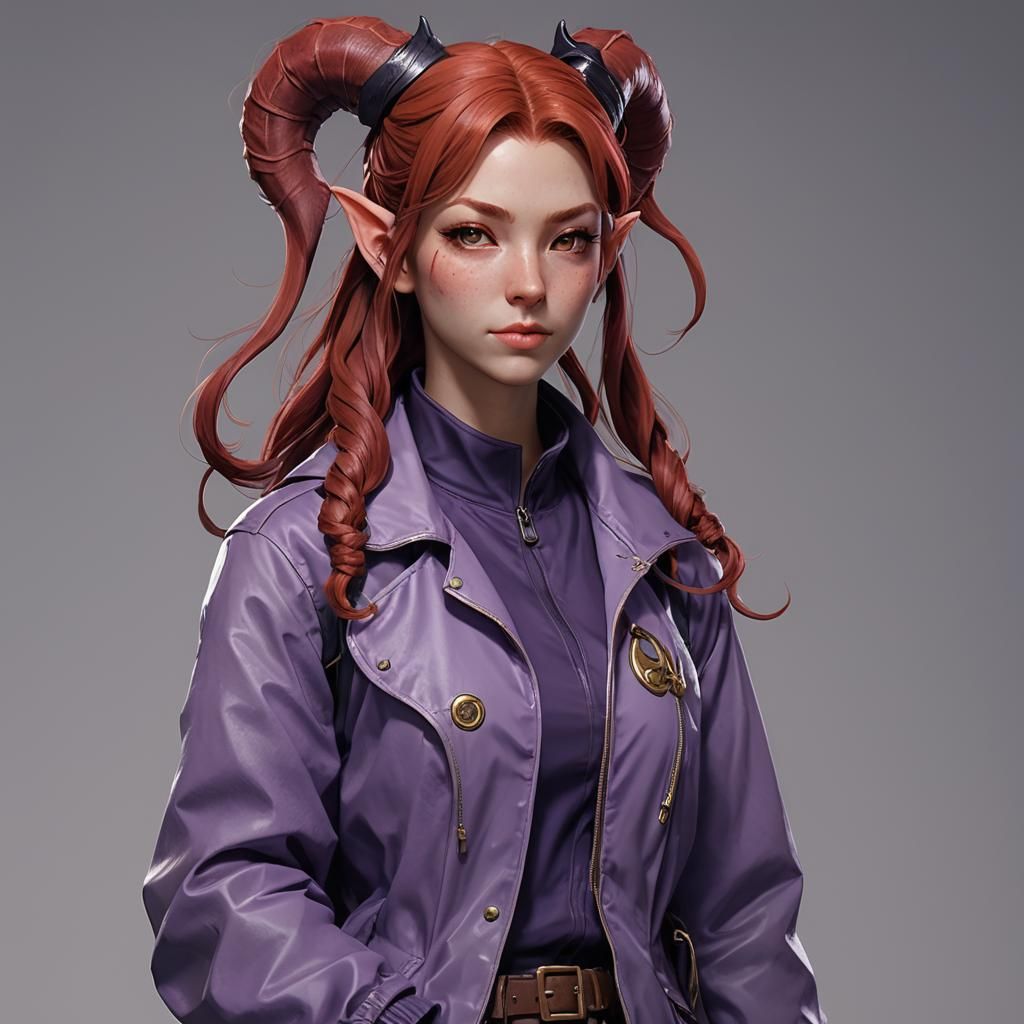 Red haired tiefling young girl with two cute ponytail and long purple  jacket - AI Generated Artwork - NightCafe Creator