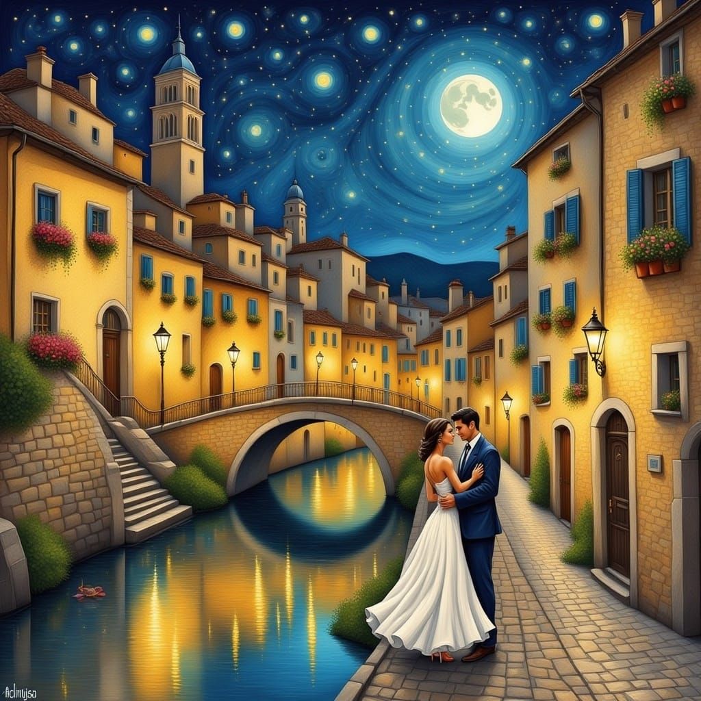 <lora:VAN GOGHs FANTASY F:1.0> two lovers dancing together on the old stone bridge in Avignon France, old buildings around, starry night,  w...