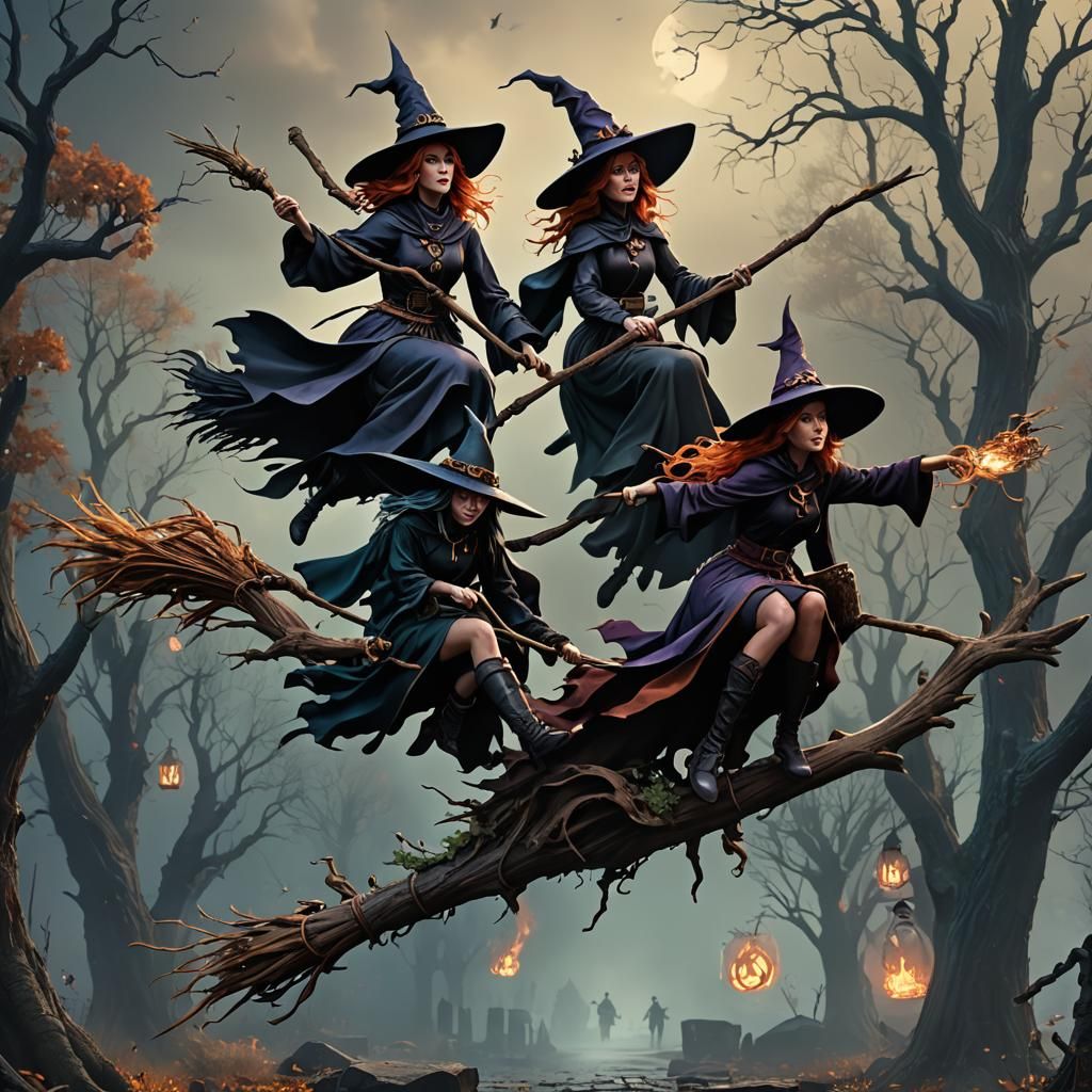3 witches riding on broom handles