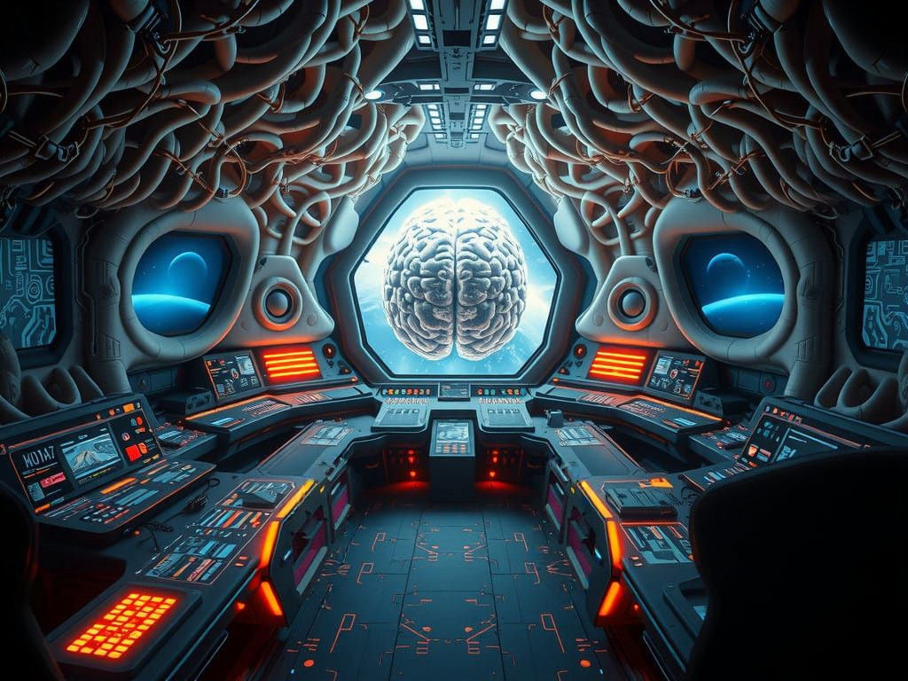 "Inside the bridge of the humanoid bio-tech starship, the layout mirrors the intricate folds and pathways of a human brain. The central cont...
