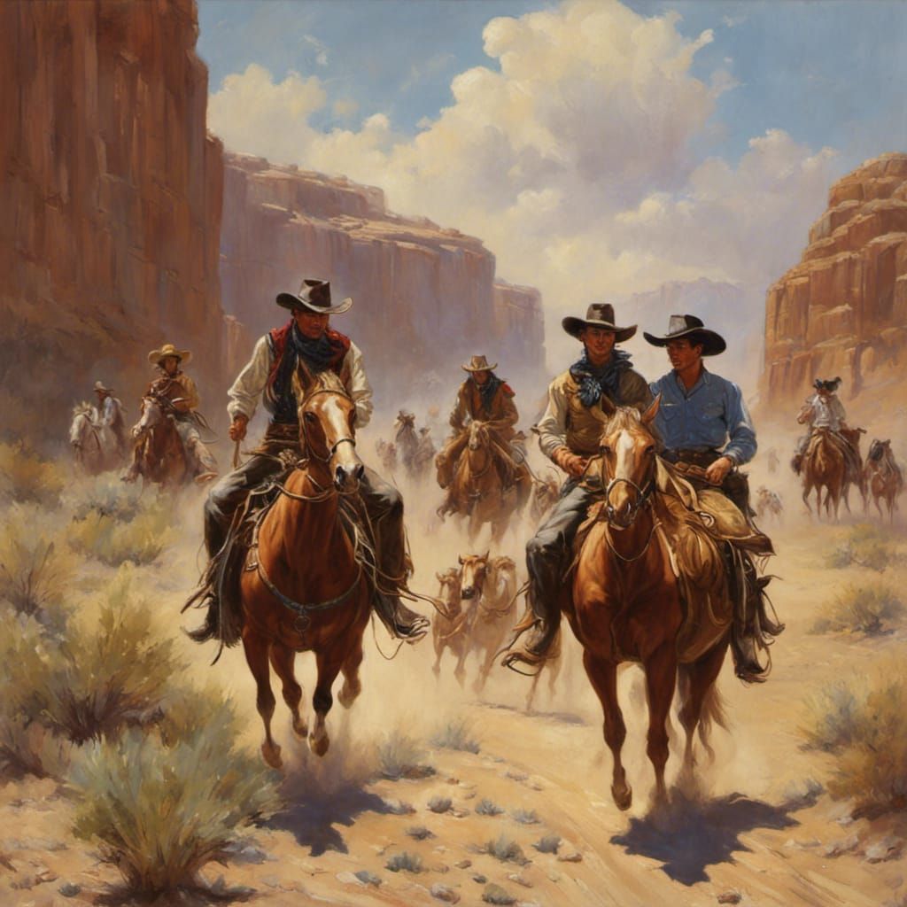 cowboys and cowgirls on thrilling desert adventures, aiding a town by Andy Thomas  by @mrclueis