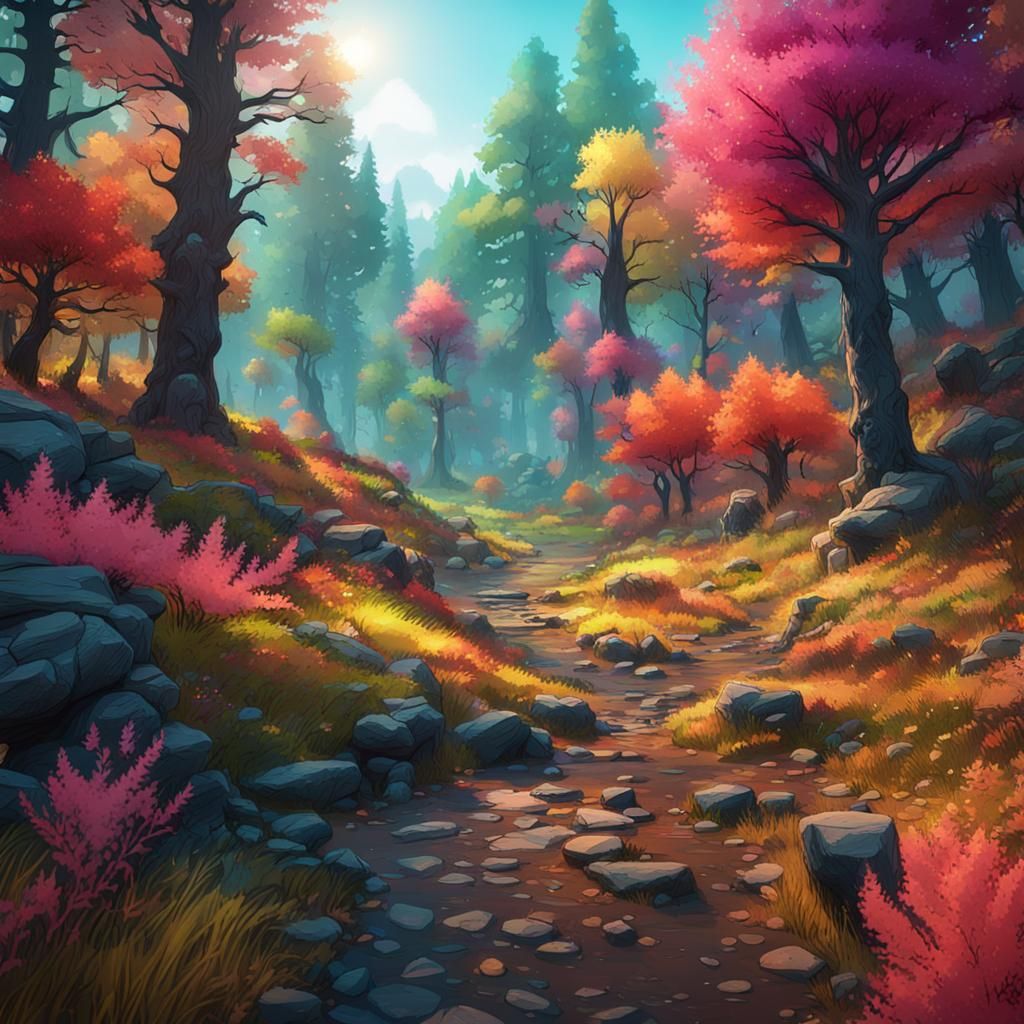Ink drawn colorful forest landscape