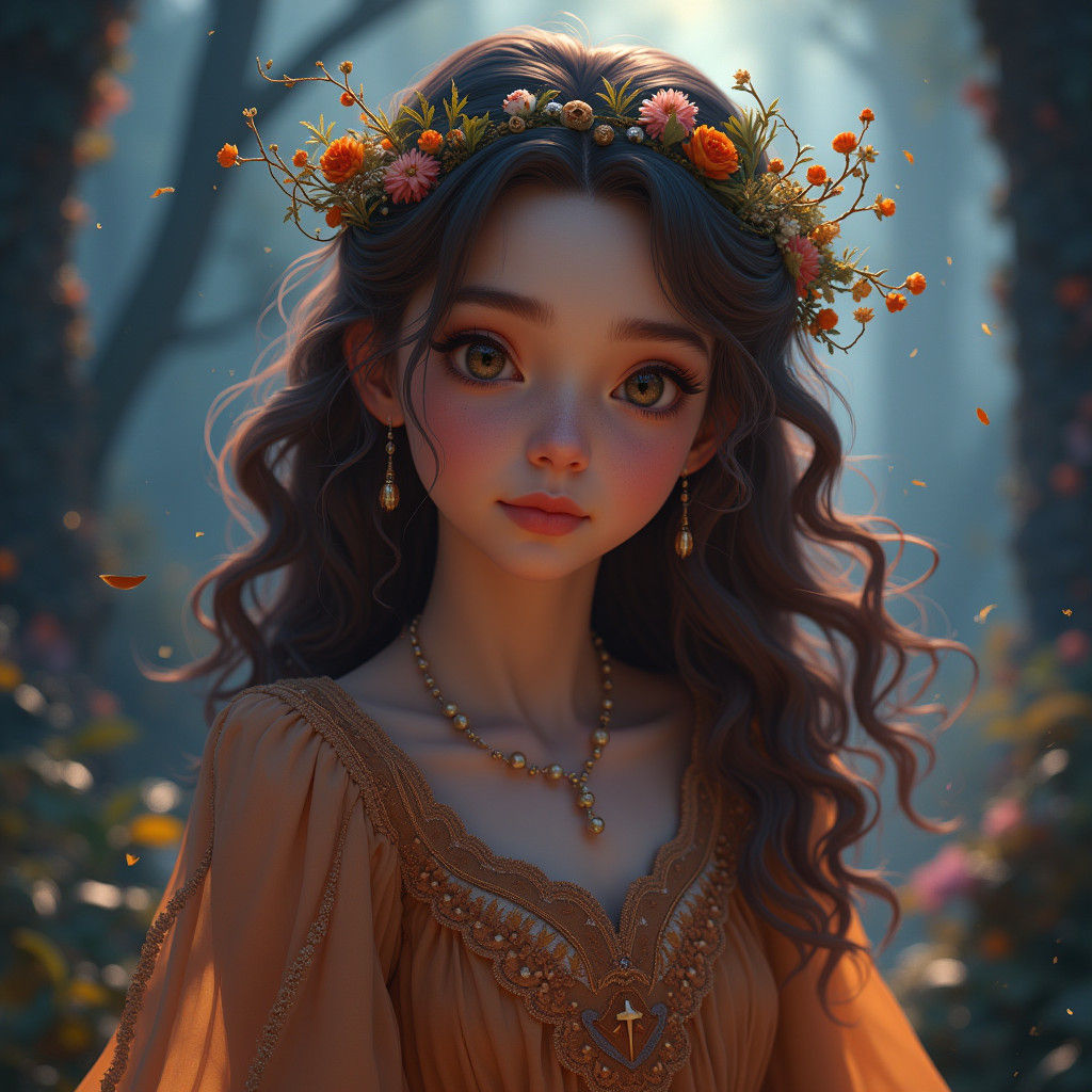 Dnd Human curly brown haired girl with flower crown