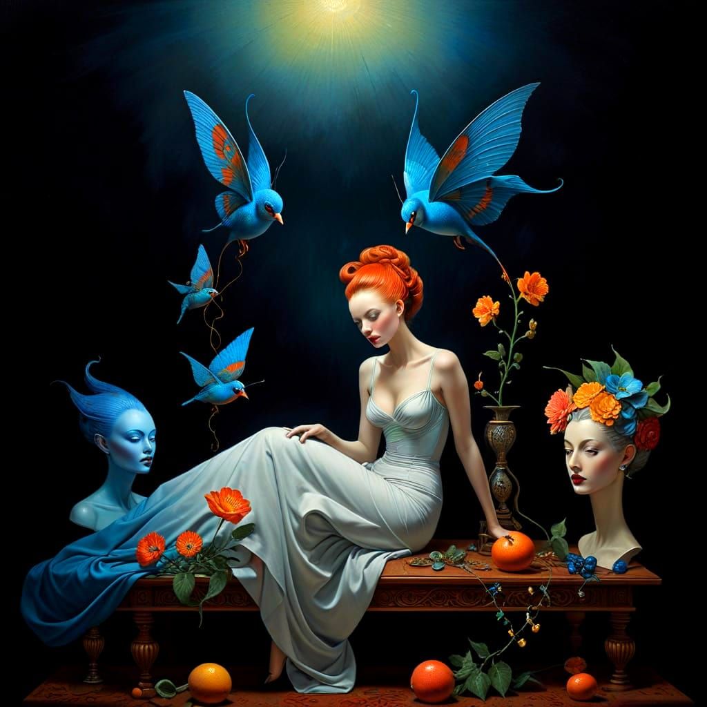 Surreal Lady in Exotic Floral Arrangement with Airbrushed Fa...