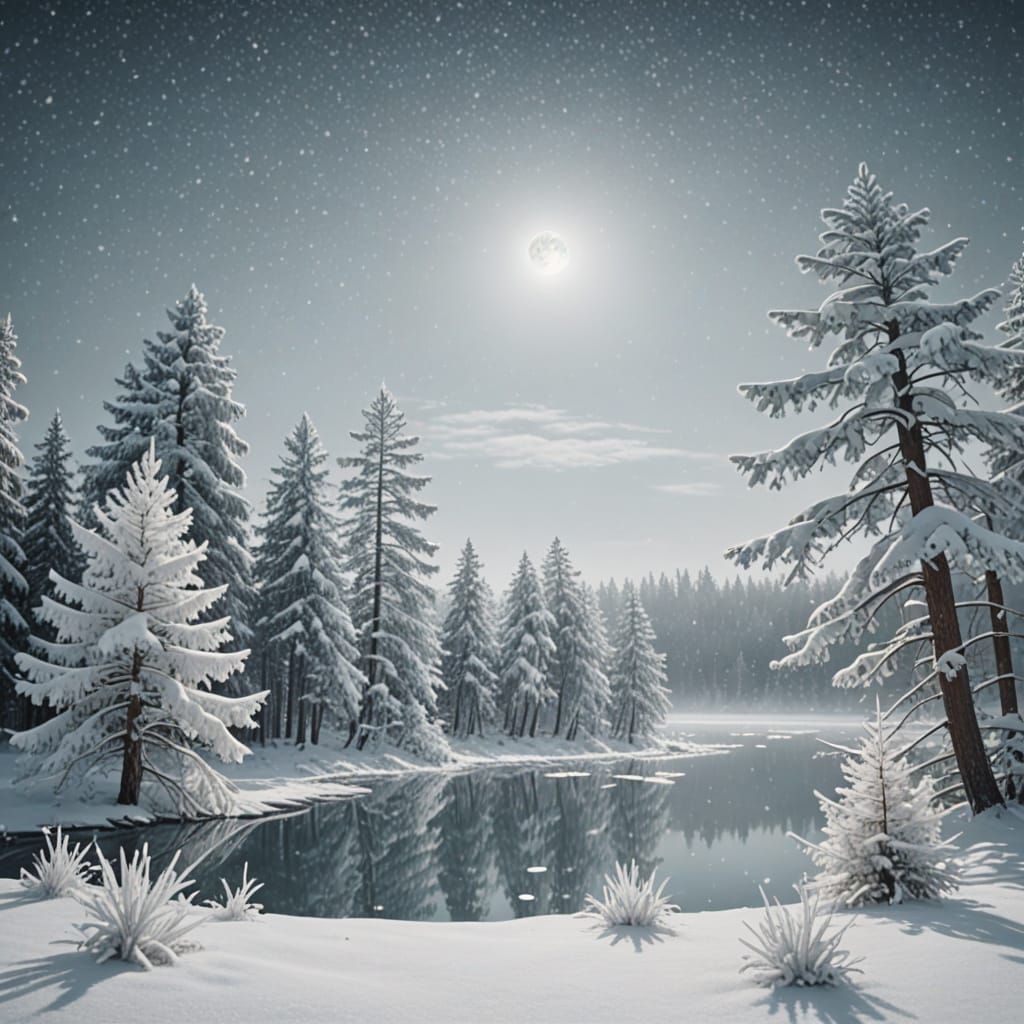 Icy Lake in Winter Wonderland by Moonlight