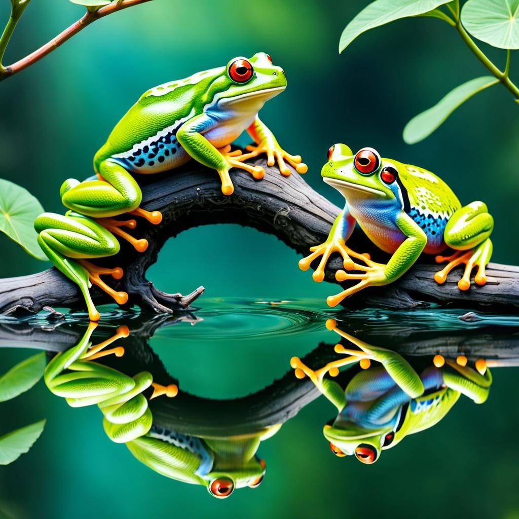 cute colorful frogs sitting on a branch of a lad pad tree ,r...