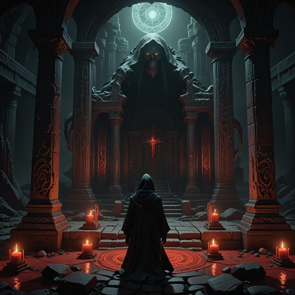 Ancient stone altar deep in a forgotten temple, carved with eroded sigils and bleeding cracks, dim crimson candlelight, black tide pooling a...