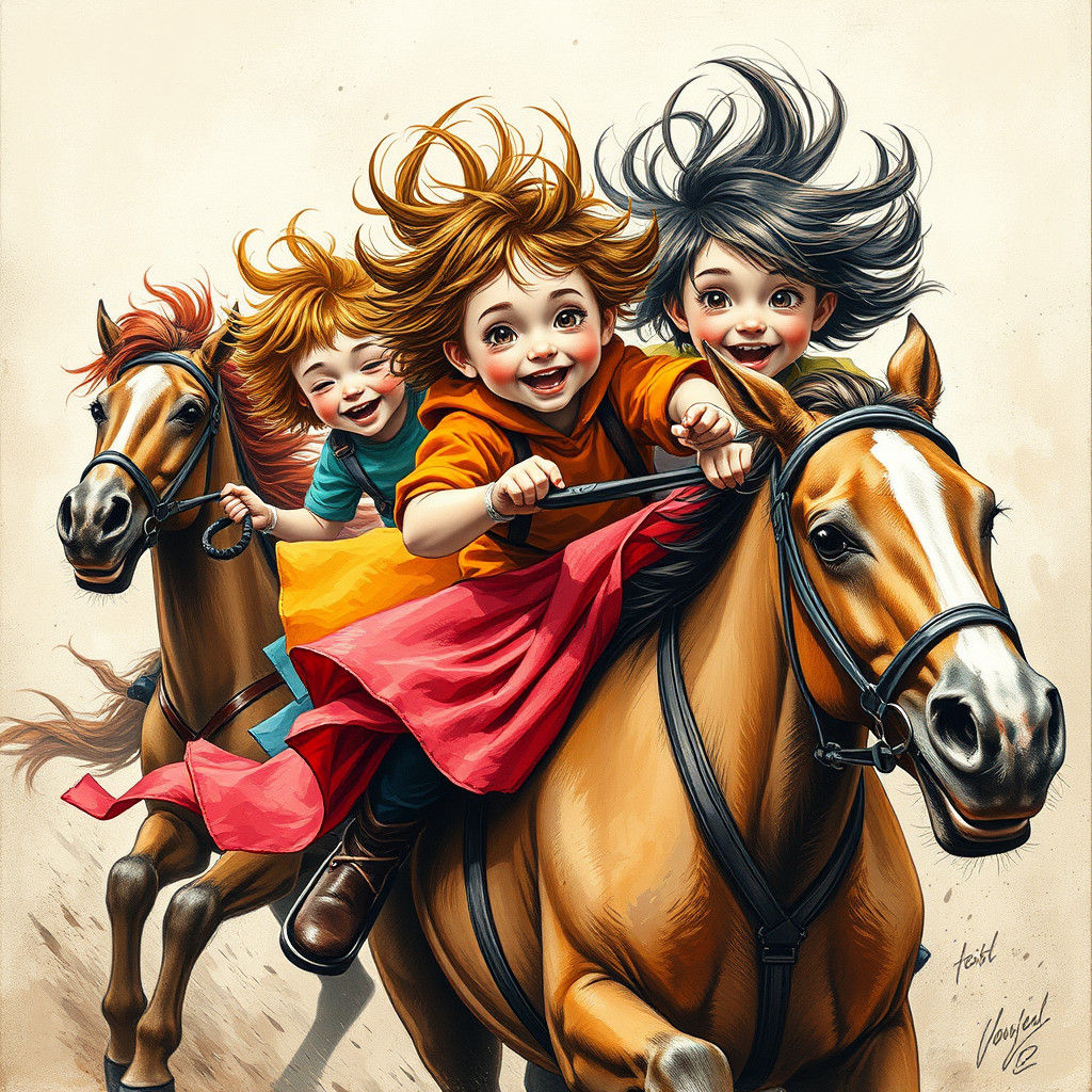 Children's Frenzied Horse Ride in Expressive Art Style