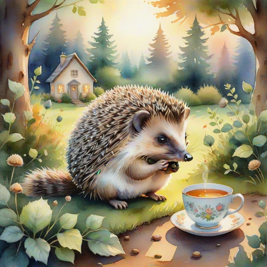 Hedgehog's Tea Party: Whimsical Watercolor Forest Scene