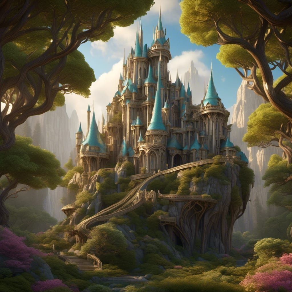 An elven citadel<lora:Steskers Castles:1.0>3D, highly detailed, Art Nouveau