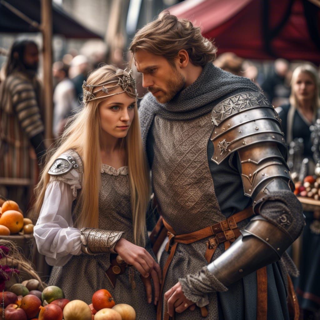 photo quality sharp focus KNIGHT and PRINCESS at a Medieval market mystical, magical, potions, fairy, ...  by @Gina Brinser