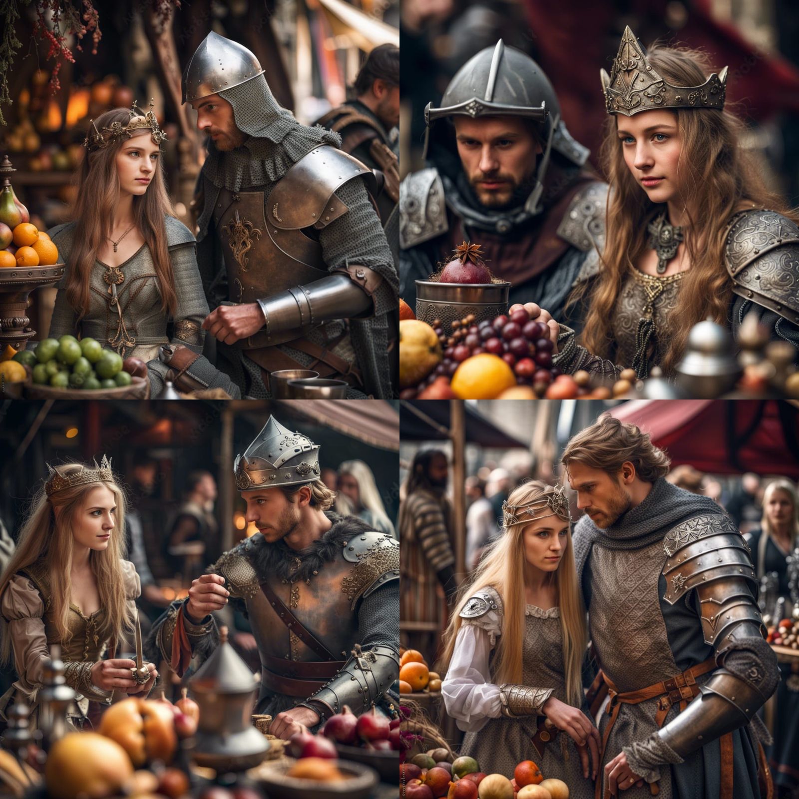 photo quality sharp focus KNIGHT and PRINCESS at a Medieval market mystical, magical, potions, fairy, highly detailed, f...