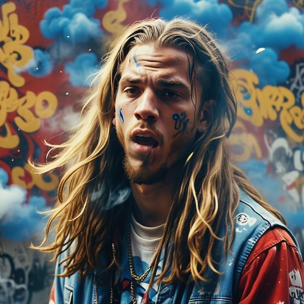 white rapper with long hair spits songs out his mouth with clouds around them and subject matter inside has been edited parental n universa...