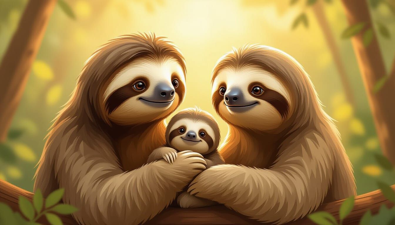 Heartwarming Sloth Family Scene in Gentle Illustration Style