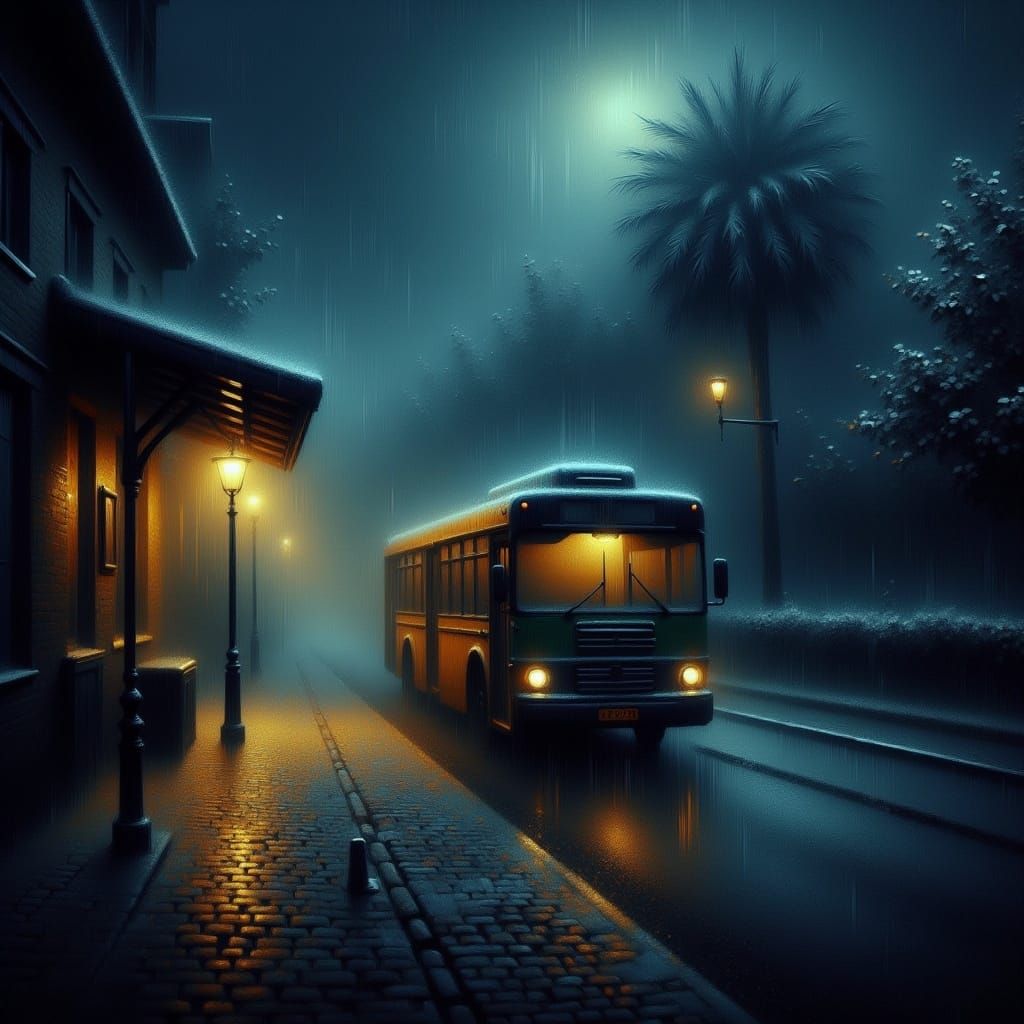 <lora:Gritt:1.0> Moody bus stop, thunderstorm, noir, lovecraftian