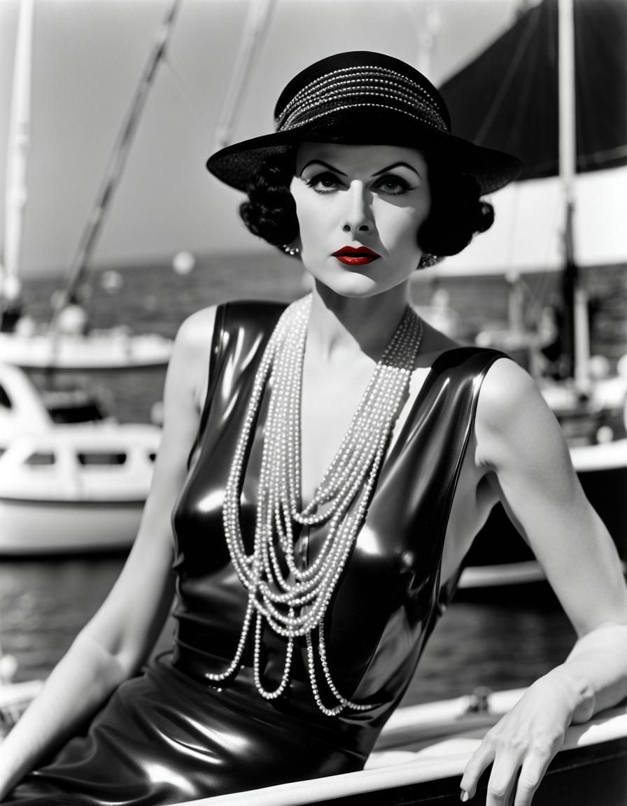 Hedi Lamarr, dressed as a flapper in a shiny polished latex