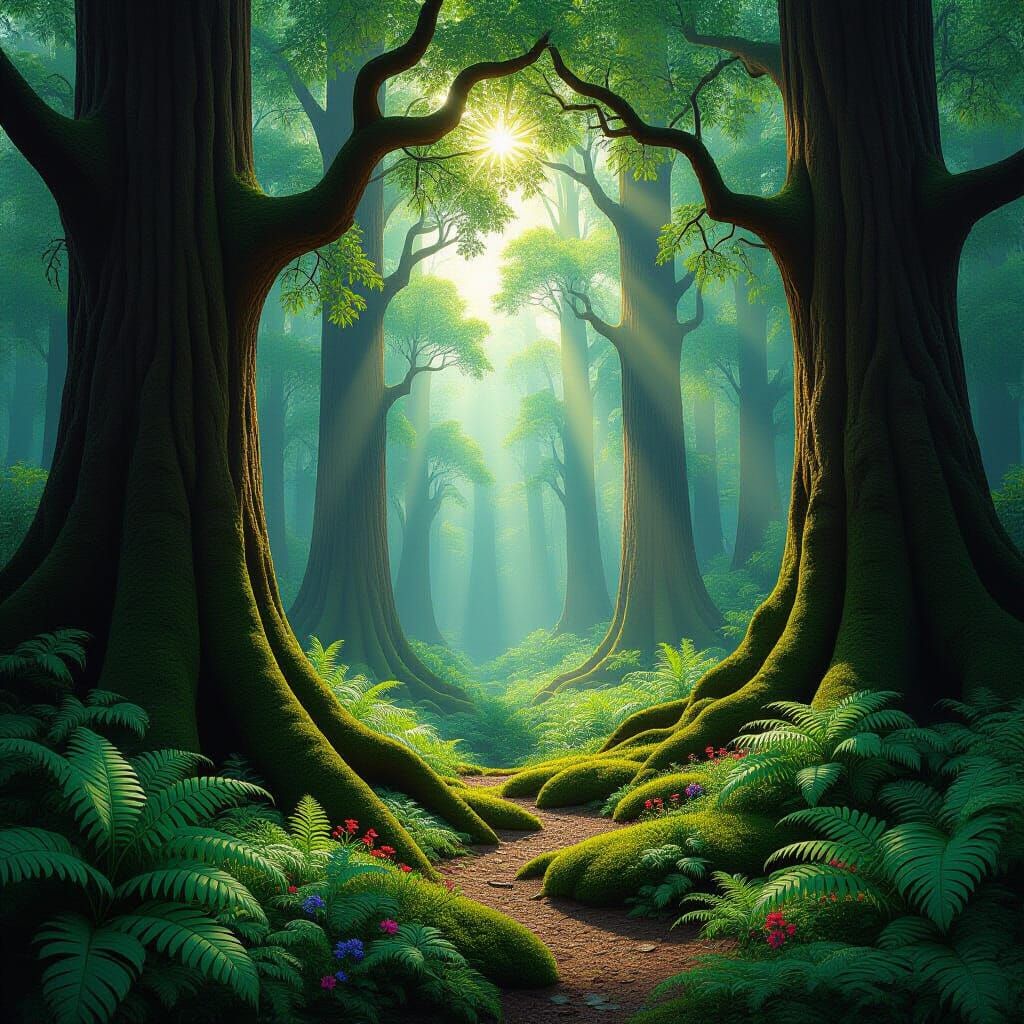 Ethereal Forest Sunlight Digital Painting
