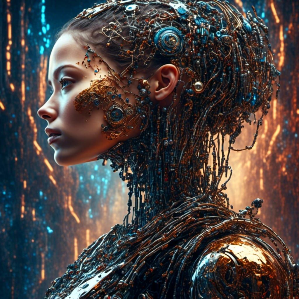 Cyborg Woman Gazing at Fractal Landscape