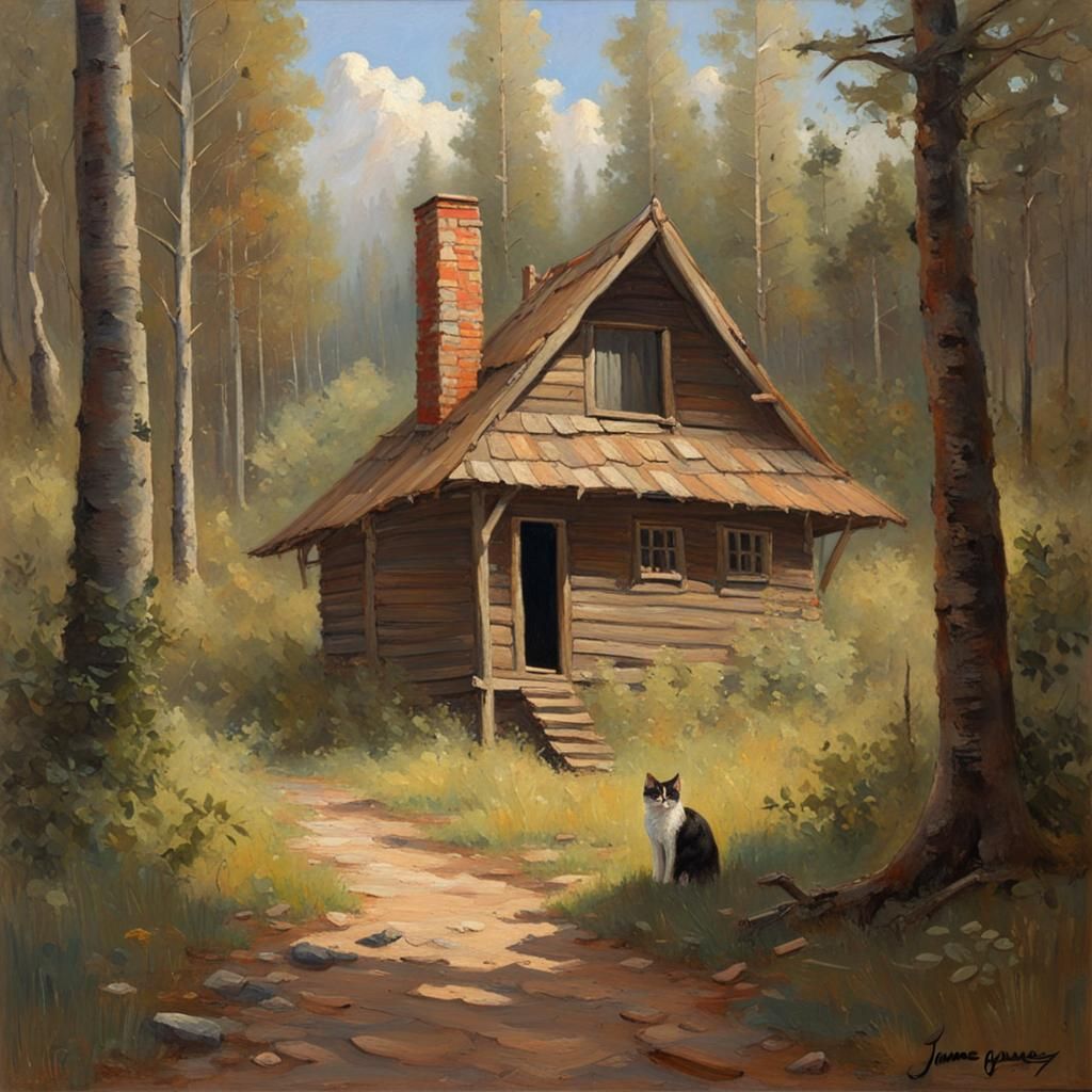 A cottage in the forest with a cat sitting :3