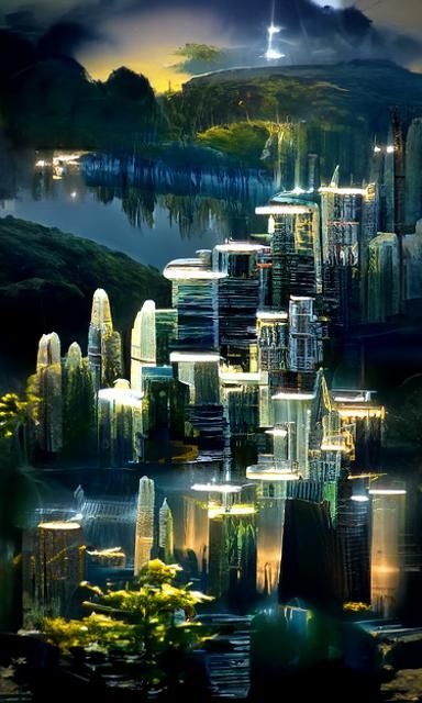 forest city with hyperdetailed builings in different styles ...