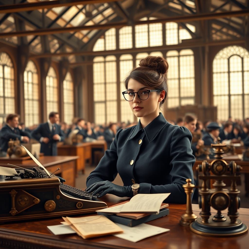 A girl with a monocle, brown curls in a tight bun, wearing an old-fashioned dark blue work uniform and dark thin gloves, sits at an old-fash...
