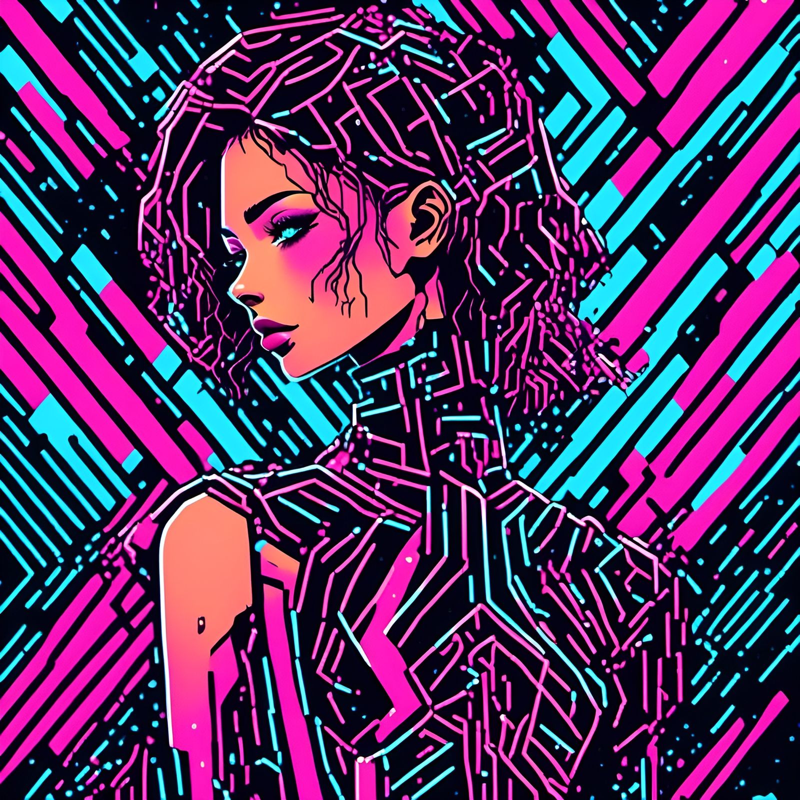 <lora:sentient:1.0> <lora:digits:1.0> <lora:trails:1.0> retro horror glowing geometric cyborg outfit <lora:iris:0.23> <lora:sentient:0.43> <...