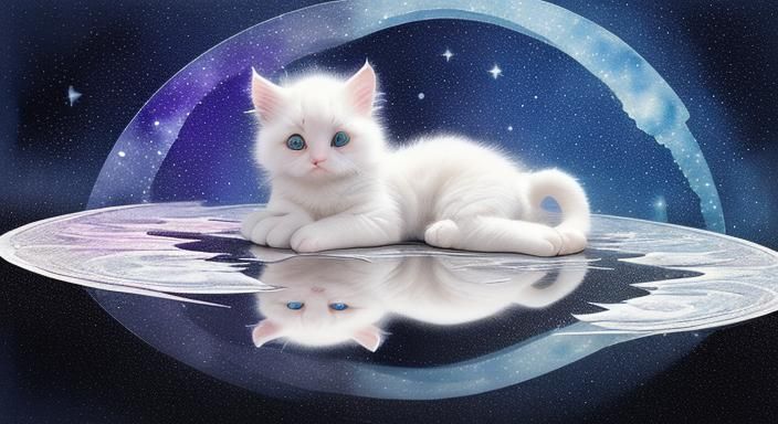 a cute fluffy white kitten playing with the reflection of st...