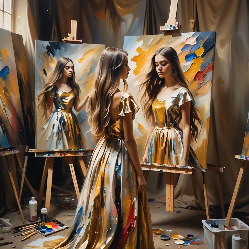 Girl Painting Herself into Surreal Canvas