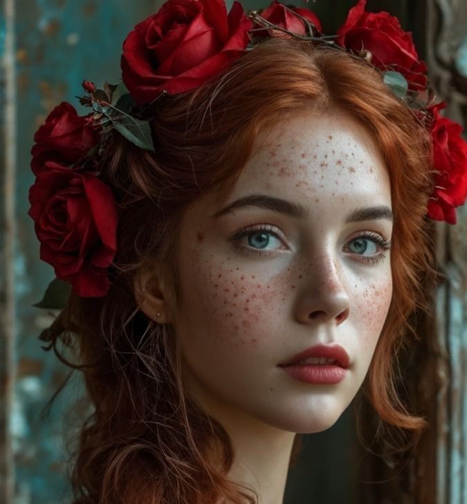 Young woman with freckles and roses