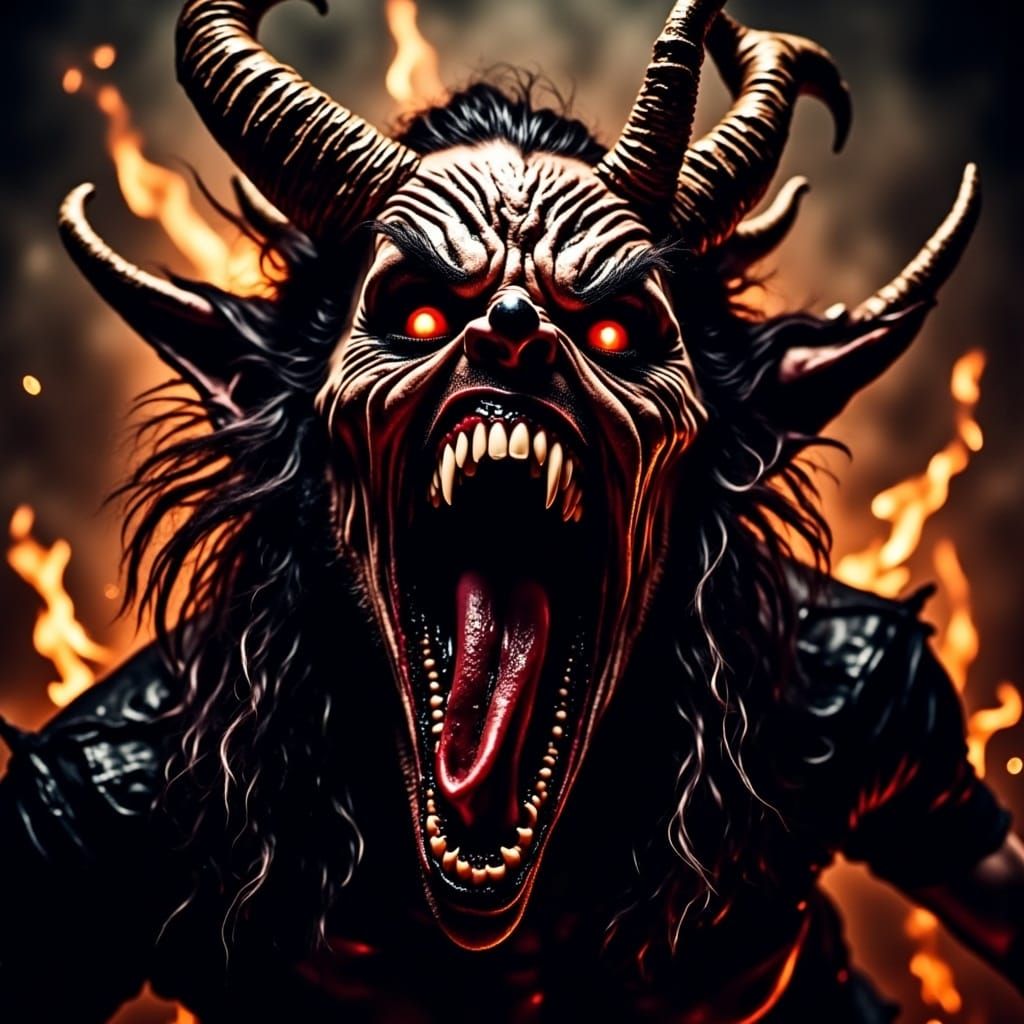  <lora:Screamo Flux Edition:1.0> a demon screaming screamo insanely with demonic teeth