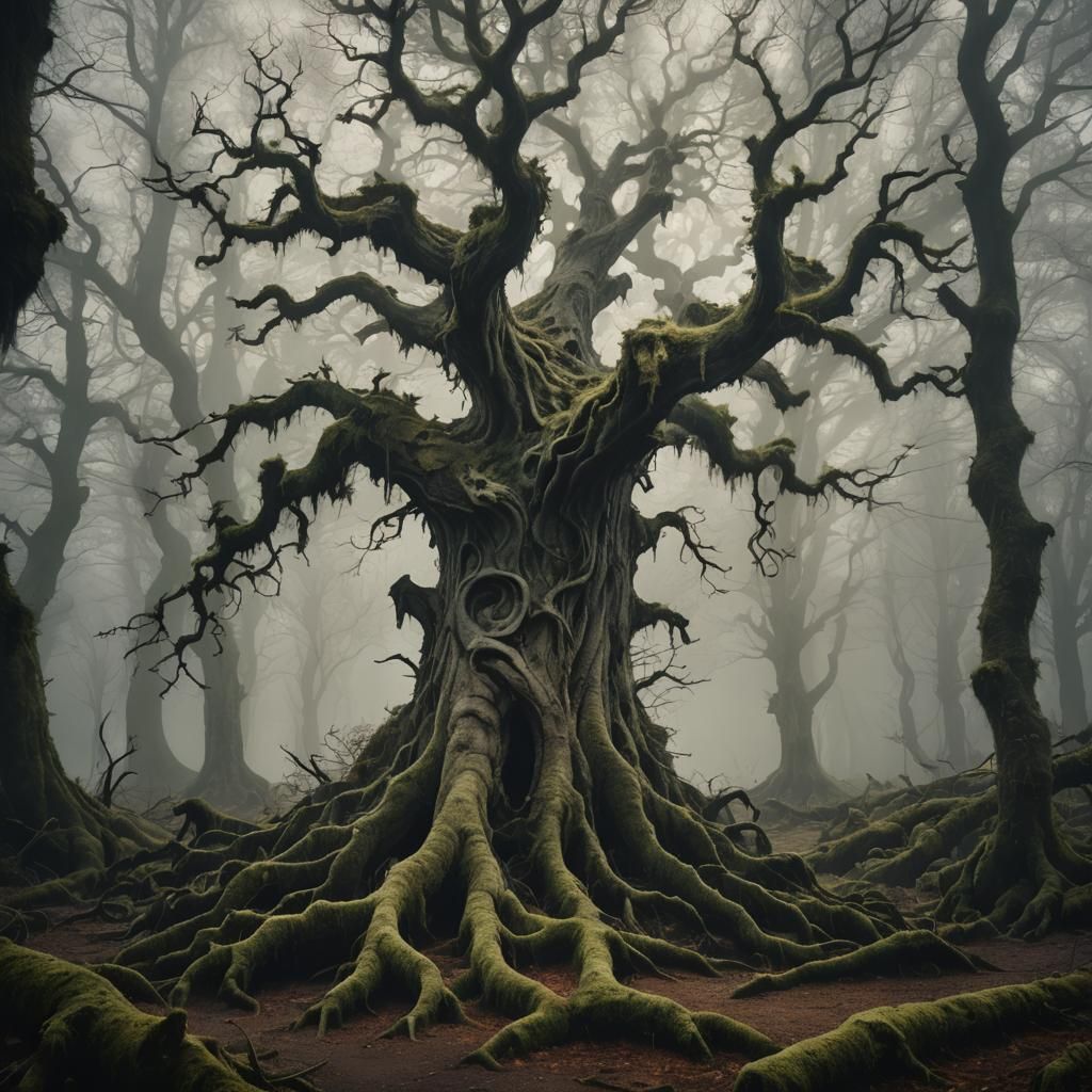 Ethereal Ancient Tree in Misty Forest: Dark Fantasy Art