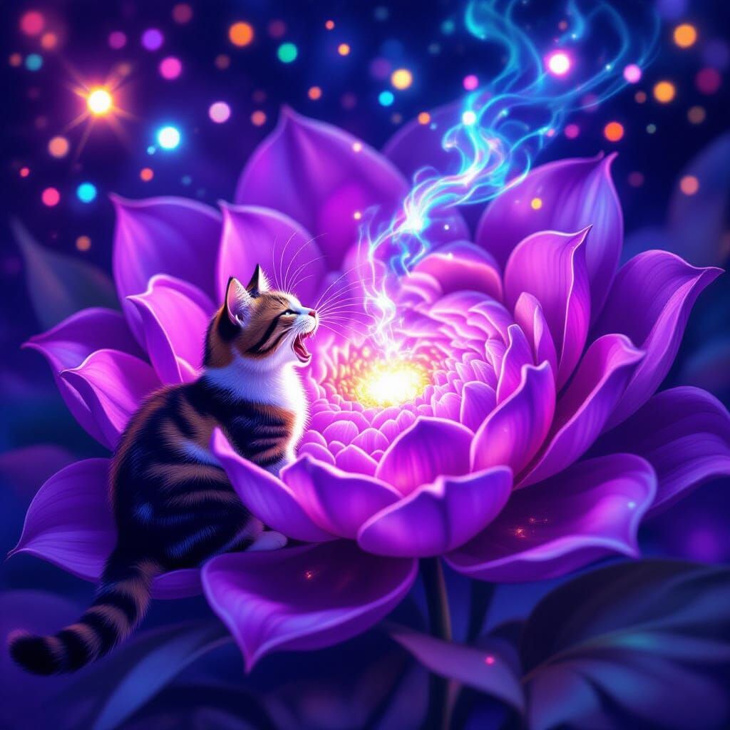 Psychedelic Cat Hisses At Nebula In Purple Flower