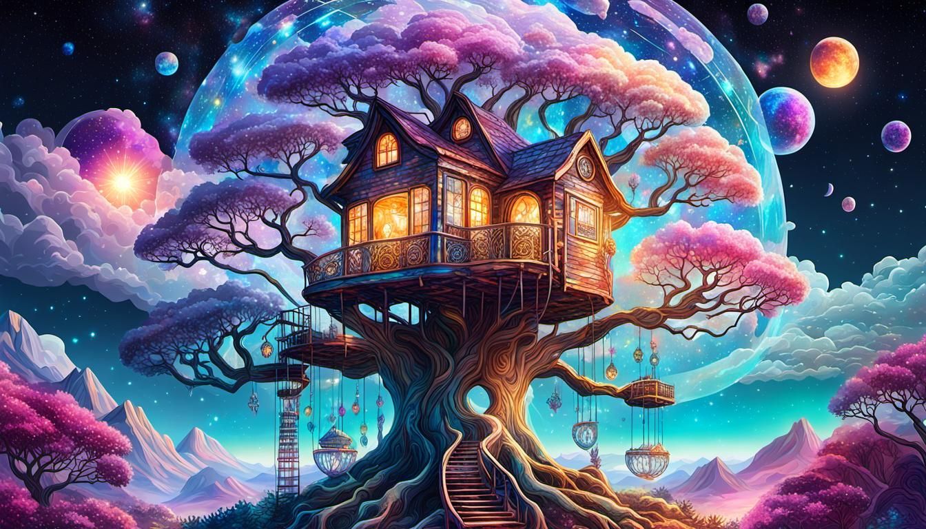 whimsical, ethereal, cosmic crystal treehouse in the clouds ...