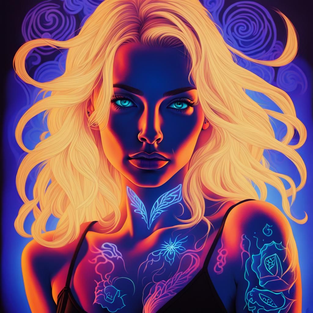 A black light portrait of a beautiful blond woman with glowing eyes, hair, and tattoos  by @bohem007