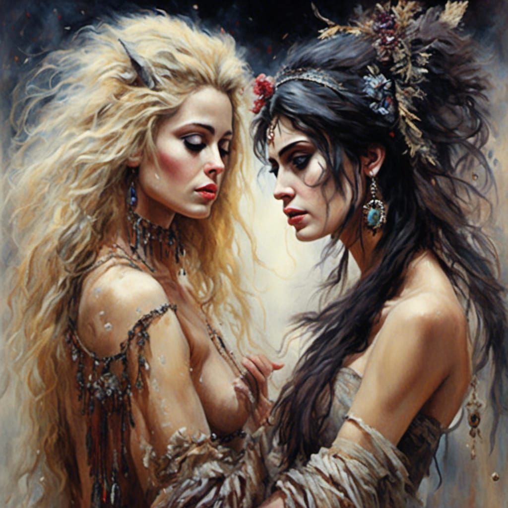 <lora:Gypsy1:1.0> Stunning blonde woman and a stunning brunette woman