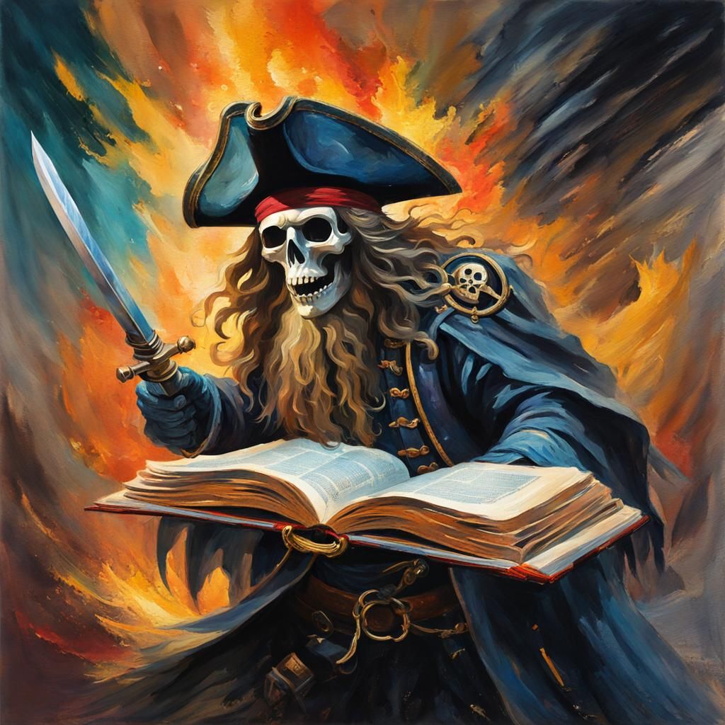 Ancient book with Pirate Ghost exiting the pages of the open...