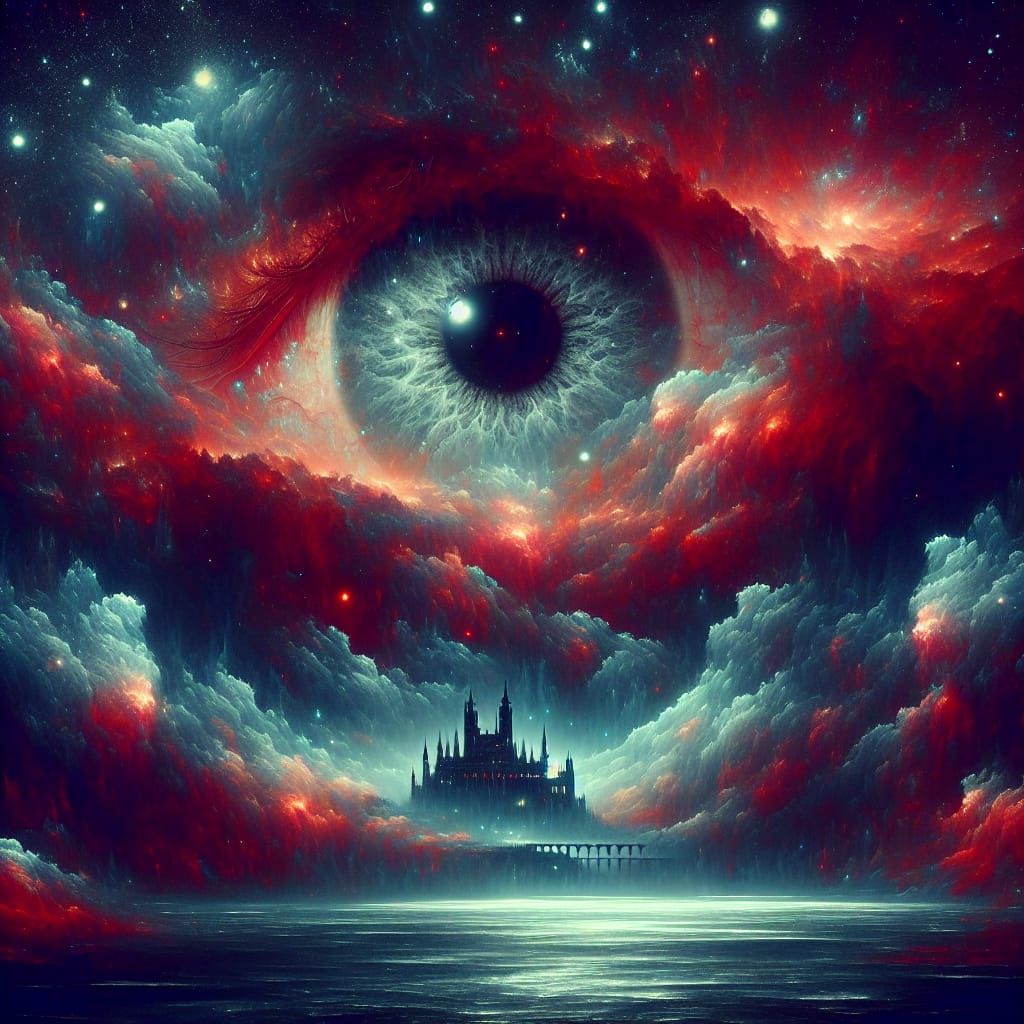 Cosmic Eye Over Castle in Starry Red Sky