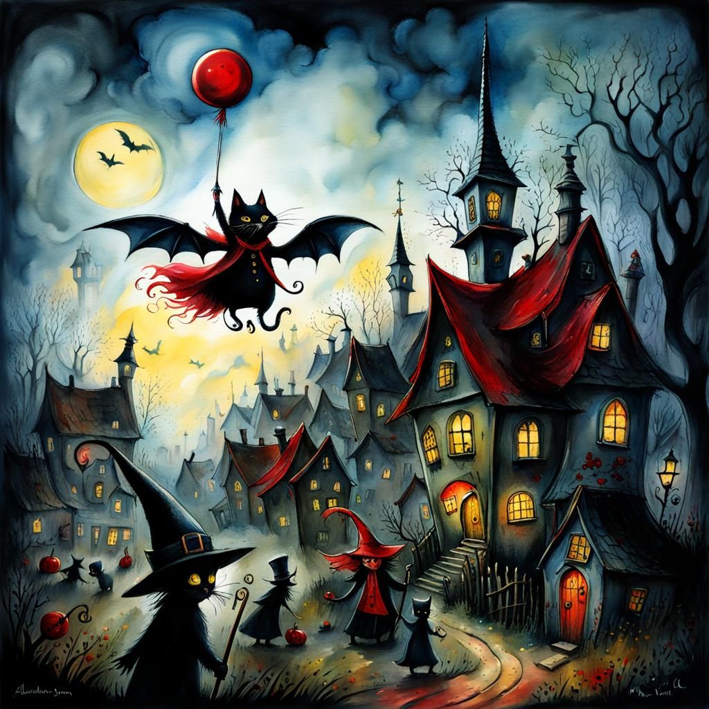 Now I've Seen Everything - Cat-Bat with a Balloon in a Haunted Countryside Village  by @Matt