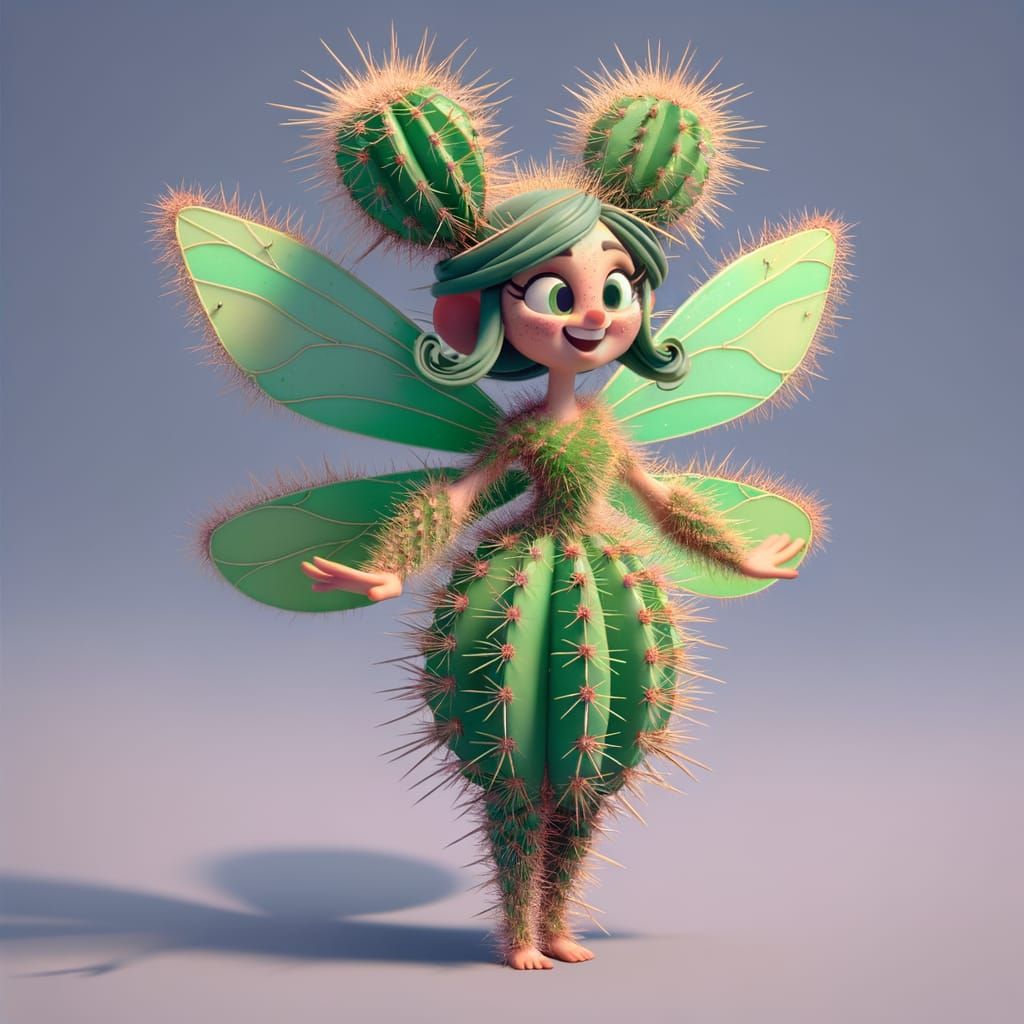 A cactus fairy with prickly wings, thriving in harsh desert heat instead of leafy forests. She has large ...  by @Katerinafrompoem