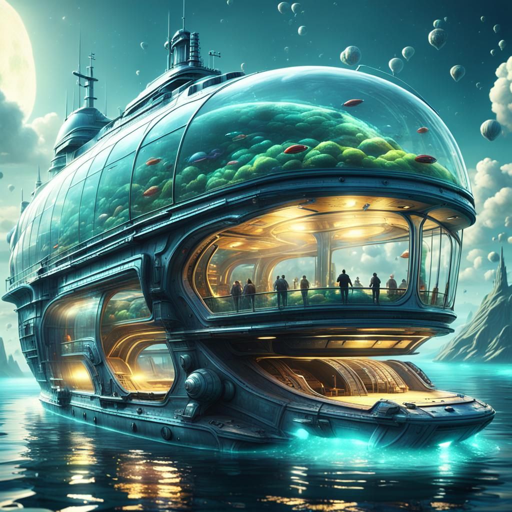 Marvelous Epic Futurism, glass submarine alien ocean, cinematic volumetric, UFO