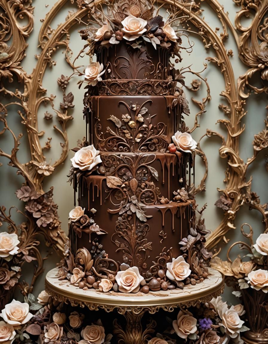 Beautiful Chocolate Wedding Cake, Decorated with Lace and Ch...
