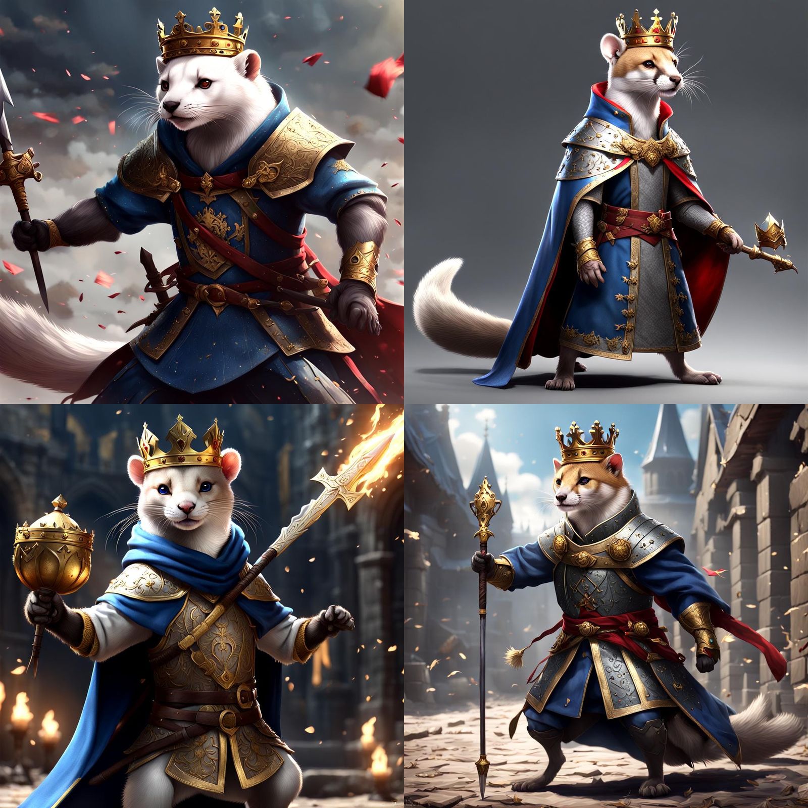 A full body view of a weasel dressed up as a medieval king w...