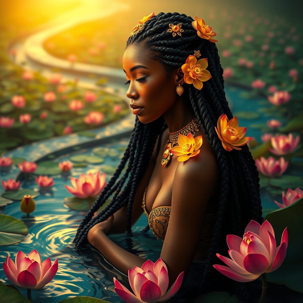 Ethereal Goddess Amidst Lush Blooming Lotus Fields