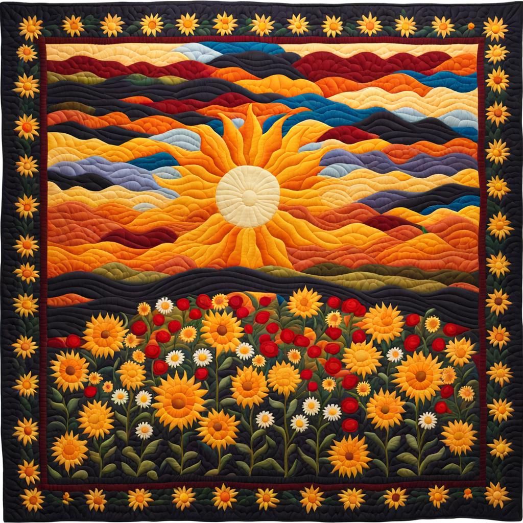 Quilt Depicting the Sun Rising Over a Field of Wildflowers 2