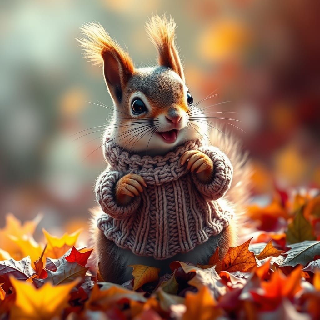 Squirrel in a sweater playing in leaves   by @Heather Marie