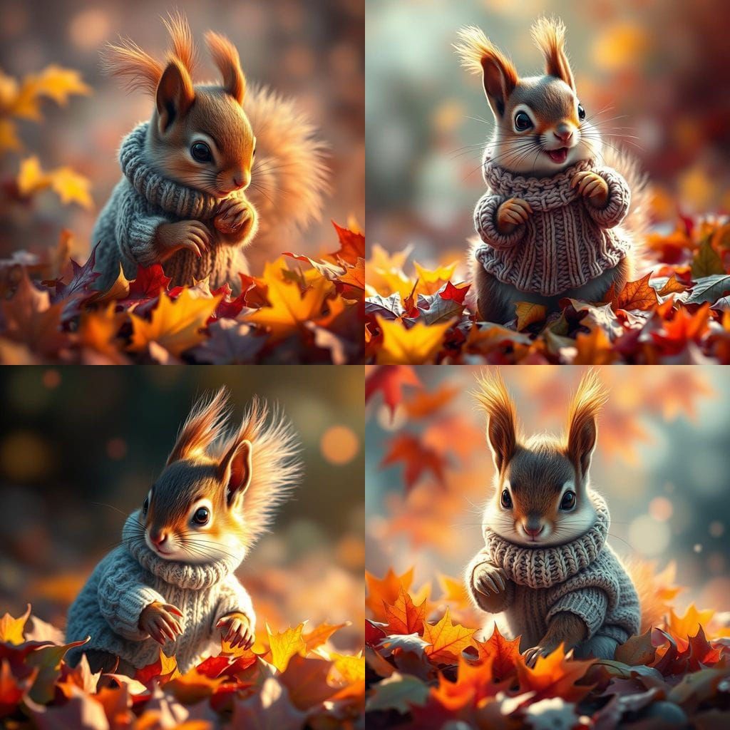 Cute baby squirrel wearing a sweater  playing in autumn leaves 🍂 Hyperrealistic, splash art, concept art, mid shot, int...