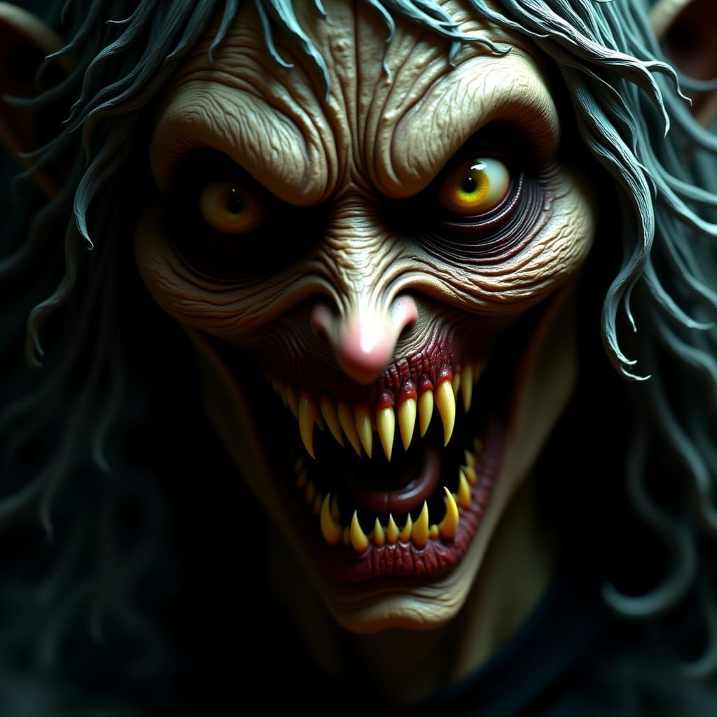 <lora:Wicked Smile:1.0> Close-up of a horrifying witch's face with gnarled leathery skin, sunken vacant protruding eyes, and sharp yellowed ...