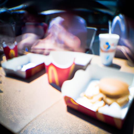 Pinhole photo of people eating mcdonalds fries and burgers w...