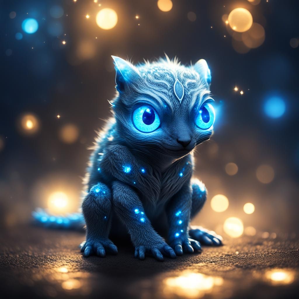 Small creature with glowing blue eyes, magical, blue light s...